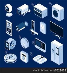 Isometric icons set with smart home appliances and gadgets isolated on blue background 3d vector illustration