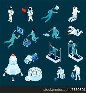 Isometric icons set with spacemen at cosmic station and in outer space isolated on dark background 3d vector illustration