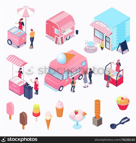 Isometric icons set with various kinds of ice cream truck vendor cafe scoop customers isolated on white background 3d vector illustration