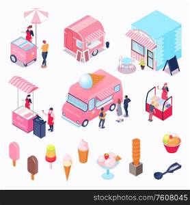 Isometric icons set with various kinds of ice cream truck vendor cafe scoop customers isolated on white background 3d vector illustration