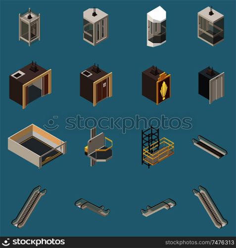 Isometric icons set with various lifts and escalators isolated on blue background 3d vector illustration