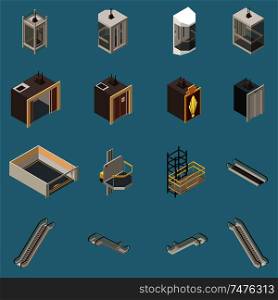 Isometric icons set with various lifts and escalators isolated on blue background 3d vector illustration