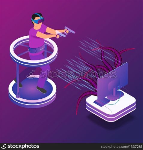 Isometric Illustration Gaming in Virtual Reality. Vector Image Guy Playing Video Game TV Using Virtual Reality Glasses. Fighting Monster with Help Virtual Weapons. Future Entertainment Industry