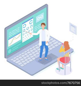 Isometric illustration in flat style. Patient checking vision in virtual medical cabinet in oculist with laptop. Ophthalmologist with pointer near chart eye. Concept of online medical help at distance. Isometric online oculist cabinet, patient check vision at medical website with ophthalmologist