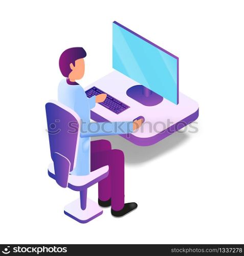 Isometric Illustration Male Doctor Using Computer. Vector Image Man Medical Gown Conducts Research Patient Analyzes. Workspace Doctor Medical Institution. Future Technologies Improve Work Medical