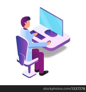Isometric Illustration Male Doctor Using Computer. Vector Image Man Medical Gown Conducts Research Patient Analyzes. Workspace Doctor Medical Institution. Future Technologies Improve Work Medical