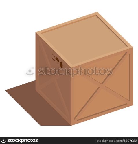 Isometric illustration of a vector cargo 3d brown wooden box with transportation symbols. Turned to the side