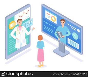 Isometric illustration of computer and tablet with online consultation of two doctors, patient. Medical conference with patient in internet. Medical website, virtual help at distance. Online medicine. Isometric consultation conference of two doctors, physicians with patient at medical website, app