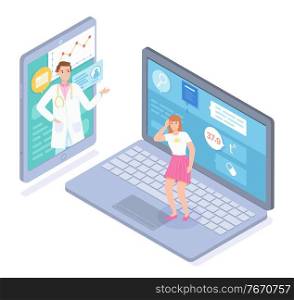 Isometric illustration of laptop and smartphone with online consultation of doctor, patient. Physician give advices, patient have a headache, bad feeling. Medical website, virtual help at distance. Online medicine. Isometric illustration online cosultation with doctor through laptop and mobile app, online medicine
