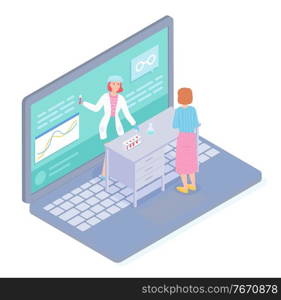 Isometric illustration of laptop with medical website. Patient check results of tests in laboratory assistant. Doctor holding flask with blood. Online consultation with physician, virtual medical help. Isometric illustration of laptop, online medical laboratory, patient check results of tests