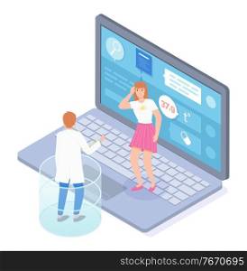 Isometric illustration of laptop with online consultation of doctor, patient. Physician give advices, patient have a headache, bad feeling. Medical website, virtual help at distance. Online medicine. Woman with headache consulting online with doctor at medical website, isometric illustration