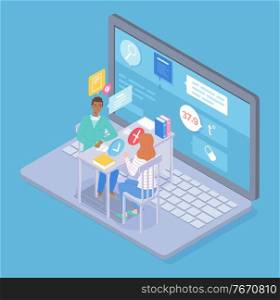 Isometric illustration of laptop with online consultation of doctor, patient in internet. Physician give advices, writting recipe for woman. Medical website, virtual help at distance. Online medicine. Isometric videocall doctor with patient, online consultation at medical website, online medicine