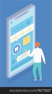 Isometric illustration of online medicine service. Dentist consults patient online. Tooth care and oral hygiene checkup. Heart cardiogram in a smartphone. Doctoral tool. Healthcare center design. Isometric illustration of dentist consultation. Providing remote doctoral services. Vector image