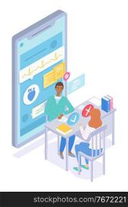 Isometric illustration of online medicine service. Doctor examins and advises patient woman online. Prescription drug selection. Cardiology consultation. Remote reception on a smartphone. Flat image. Remote smartphone online doctor consultation. Reception at the cardiologist. Flat vector image