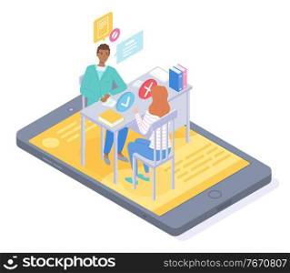 Isometric illustration of phone. Online consultation doctor with patient through videocall. Physician give advices, writting recipe for woman. Medical app, virtual help at distance. Online medicine. Isometric mobile app, woman patient have online consultation with doctor, physician
