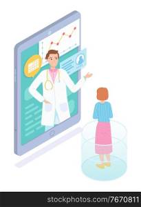 Isometric illustration of smartphone with online consultation of doctor and patient in internet, videocall. Treatment plan schedule, personal patient’s card, calendar. Medical app for virtual aid. Isometric illustration of mobile, online consultation with doctor, virtual medical aid, patient card