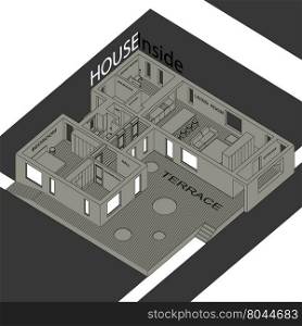 Isometric illustration of the house inside. Interior of a modern house.