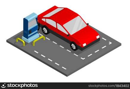 Isometric illustration. Red passenger car refueling at gas station. Use of minerals as fuel. Cartoon 3d vector isolated on white background
