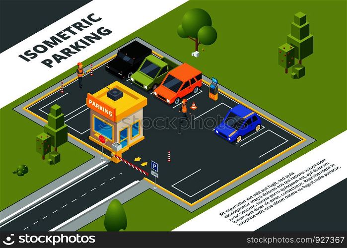 Isometric illustrations of urban paid parking with various cars. Vector car city isometric, auto area parking. Isometric illustrations of urban paid parking with various cars