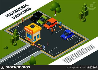 Isometric illustrations of urban paid parking with various cars. Vector car city isometric, auto area parking. Isometric illustrations of urban paid parking with various cars