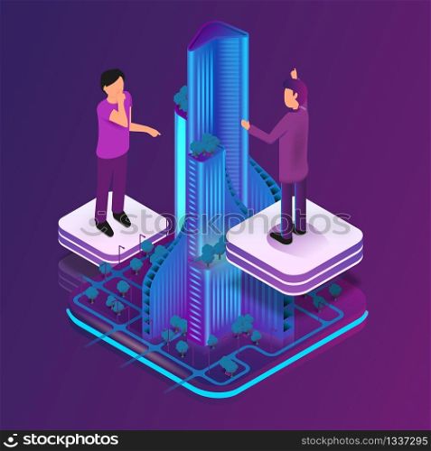 Isometric Image Augmented Reality for Architect. Vector Illustration Group Architect Working on Hologram Skyscraper Project. Man and Woman Engineer. Augmented Virtual Reality to Work