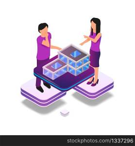 Isometric Image Augmented Reality for Architect. Vector Illustration Man and Woman Working Architectural Project. Graphic Projection Building Structure City. Technology Future Work and Business