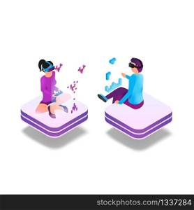 Isometric Image Gaming in Virtual Reality in 3d. Illustration People Play Video Game Using Virtual Reality Glasses. Technology Future Entertainment Industry. Guy Play Tetris, Girl Uses Joystick Play