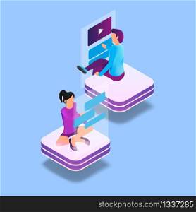 Isometric Image Gaming in Virtual Reality in 3d. Vector Illustration Man and Woman Friend Chat Online. Modern Technologies Future for Communication People. Internet Allows You Keep Touch
