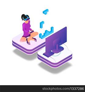 Isometric Image Gaming in Virtual Reality in 3d. Vector Illustration Girl Play Video Game on TV Using Virtual Reality Glasses and Game Joystick. Technology Future Entertainment Industry.
