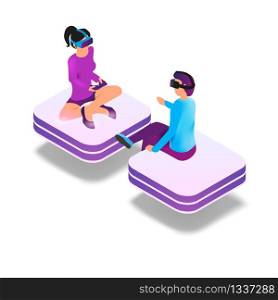 Isometric Image Gaming in Virtual Reality in 3d. Illustration People Play Video Game Using Virtual Reality Glasses. Guy Touches Virtual Screen, Girl Uses Joystick Play. Isolated on White Background