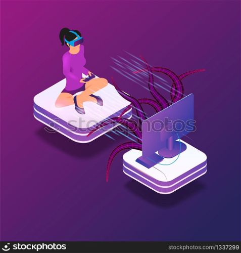 Isometric Image Gaming in Virtual Reality in 3d. Vector Illustration Girl Playing Video Game TV Using Virtual Reality Glasses. Fighting Monster with Help Game Joystick. Future Entertainment Industry