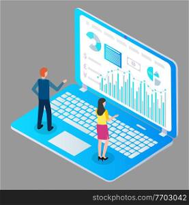 Isometric image man and woman, back view, standing on huge cartoon laptop and studying financial or analytical data, bar charts, pounds, dollars. E-commerce. Traders monitor the financial market. Man and woman study financial charts, bar charts, analytical data on laptop monitor. Isometric image