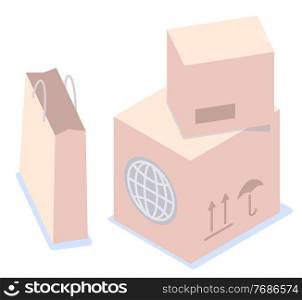 Isometric image of cardboard postal parcels, boxes, paper shopping package. Globe icon, postage stamps. International parcels, transportation. Customer journey concept. Flat vector image on white. Paper shopping package, cardboard parcels, postage stamps. International shipping. Flat vector image