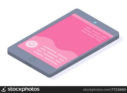 Isometric image of cartoon smartphone lying on the surface. Pink screen, texting, social networking, watch icon. Online consultation via digital modern device. Flat vector image isolated on white. Smartphone with pink screen and text messaging, chat, clock icon, alarm clock. Isometric image