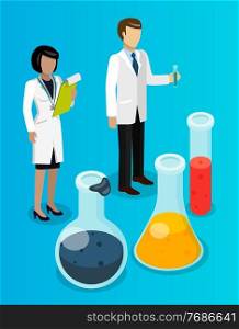 Isometric image of chemists with laboratory equipment.Petroleum refining. Chemical experiments. Vessels and flasks with liquids. Oil products. Chemical laboratory. Oil industry. Flat vector image. Chemists woman and man with test tubes. Large vessels and flasks with liquids. Chemical oil refining