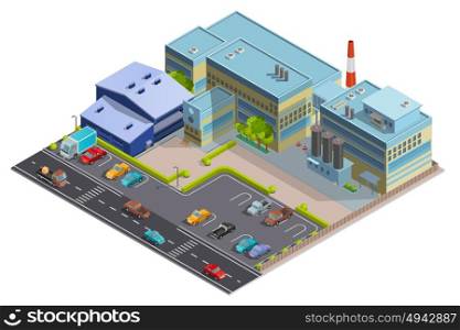 Isometric Image Of Factory Composition. Factory composition of territory with big complex building contains manufacturing warehouse and office segments isometric vector illustration