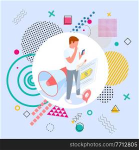 Isometric image of man standing with smartphone. Conceptual big megaphone, discount icon, sales message. Multicolored background with many geometric shapes, circles, spirals. Customer journey concept. Man with smartphone. Envelope, discount icon, geolocation on screen. Receive promo notifications