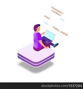 Isometric Image Programming in Augmented Reality. Vector Illustration Guy is Writing Software Code Using Laptop. Digital Technologies Future Business Process. Male Programmer. Internet.