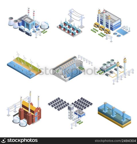 Isometric images set of different types of electricity generation plants from gas turbine to solar isolated vector illustration . Electricity Generation Plants Images Set