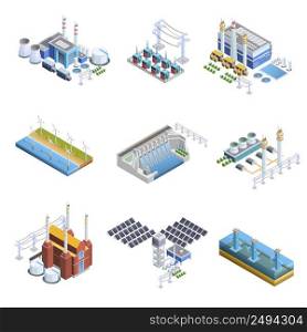 Isometric images set of different types of electricity generation plants from gas turbine to solar isolated vector illustration . Electricity Generation Plants Images Set