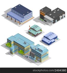 Isometric images set of different types of warehouse factory manufacture office buildings isolated vector illustration. Factory Warehouse Isometric Images Set