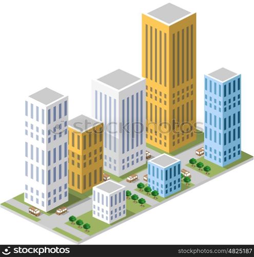 Isometric in a big city with streets, skyscrapers, cars and trees.