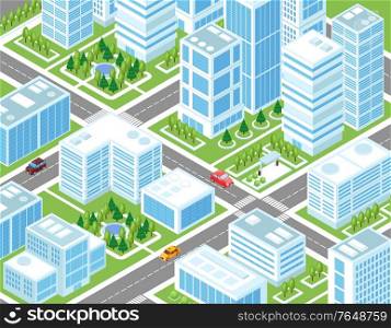 Isometric industrial city composition with birds eye view of modern town with tall buildings and streets vector illustration