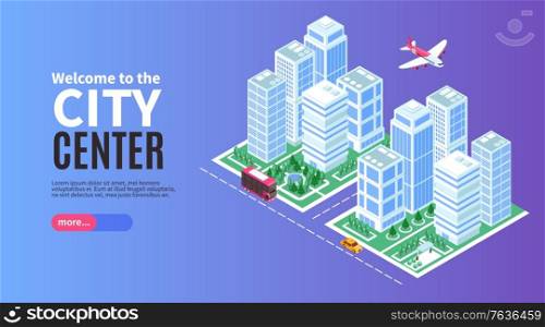 Isometric industrial city horizontal banner with editable text more button and images of downtown district buildings vector illustration