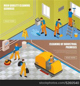 Isometric Industrial Cleaning Banner Set. Two horizontal isometric industrial cleaning banner set with high quality cleansing service and cleaning of industrial premises descriptions vector illustration