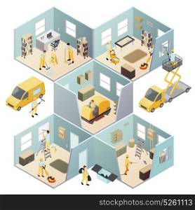 Isometric Industrial Cleaning Colored Composition. Isometric industrial cleaning colored composition with different rooms walls and cleaning work vector illustration