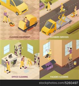 Isometric Industrial Cleaning Concept. Four square isometric industrial cleaning concept with cleaning equipment climbers services office cleaning and facades cleaning descriptions vector illustration