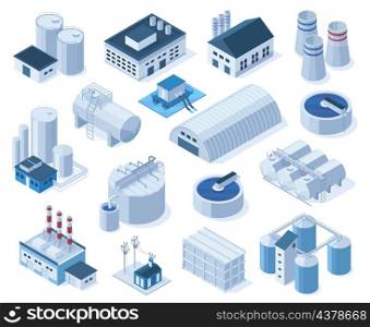Isometric industrial factory buildings, warehouse, water purification system. Plant buildings, factories with tanks, pipes, crane vector illustration set. Industrial objects city map planning. Isometric industrial factory buildings, warehouse, water purification system. Plant buildings, factories with tanks, pipes, crane vector illustration set. Industrial objects