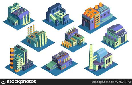 Isometric industrial plant factory collection with nine colourful isolated images of plant buildings on blank background vector illustration