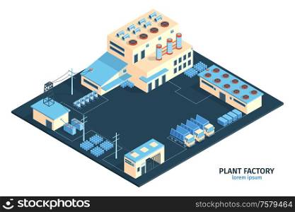 Isometric industrial plant factory composition with editable text and range of plant buildings with cargo trucks vector illustration